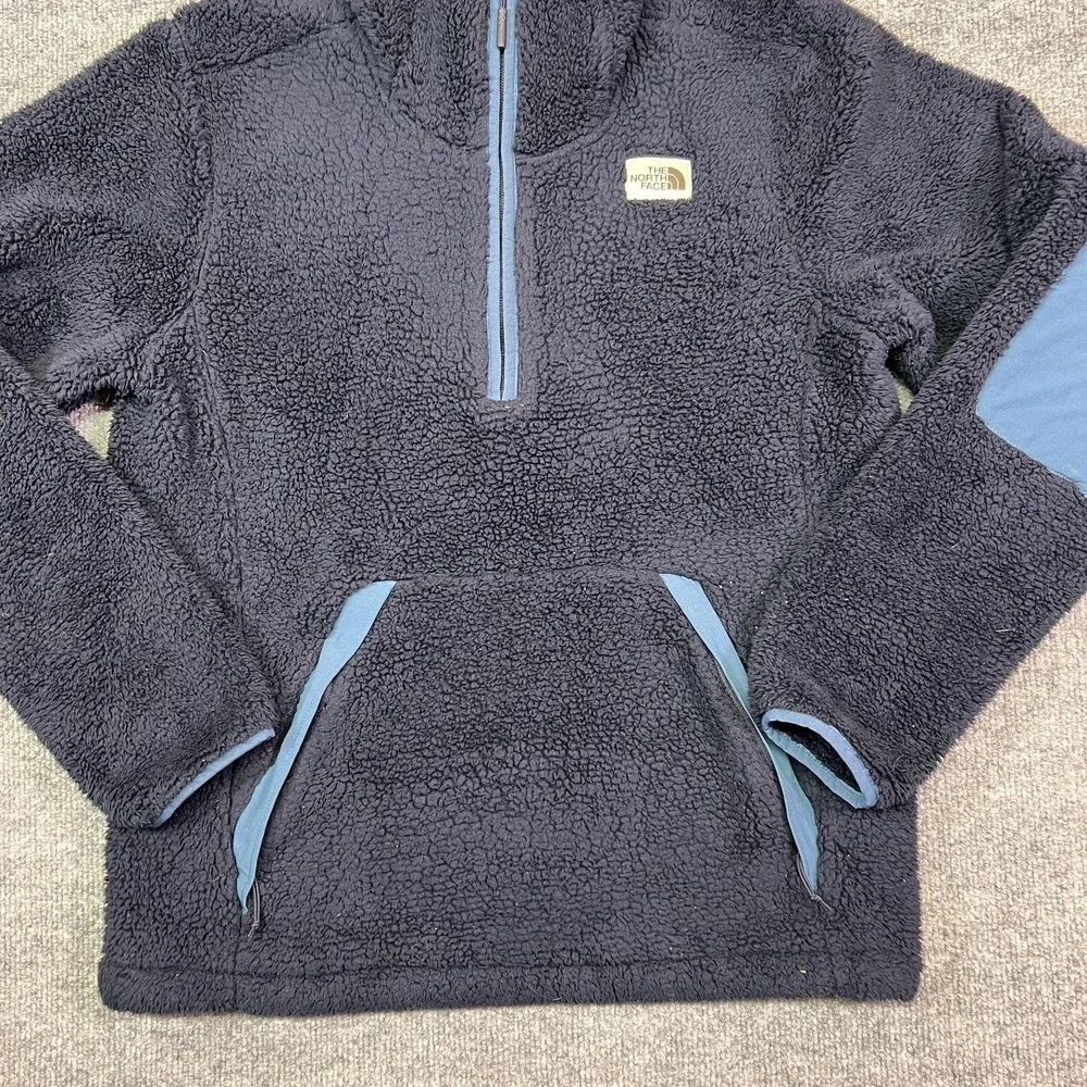 The North Face Campshire Jacket Mens Small Blue Sherpa Fleece Hooded 1/4 Zip